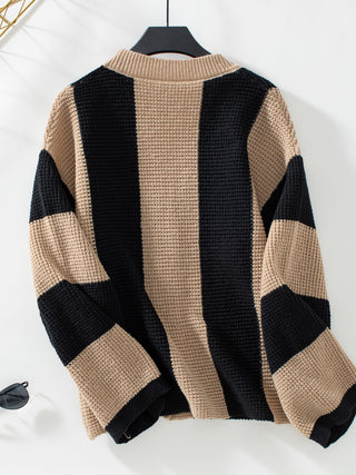 Waffle-Knit V-Neck Striped Long Sleeve Cardigan