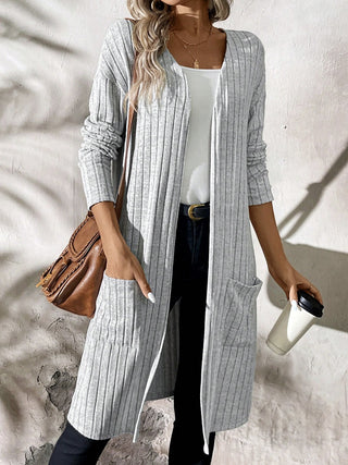 Ribbed Open Front Long Sleeve Cardigan with Pockets