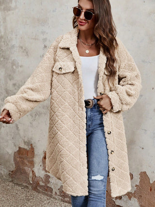 Fuzzy Button Up Dropped Shoulder Long Sleeve Coat