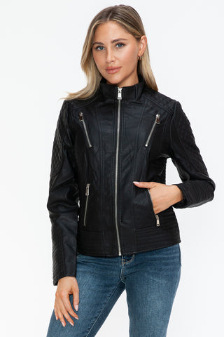 Snobbish Faux Leather Zip Up Mock Neck Jacket