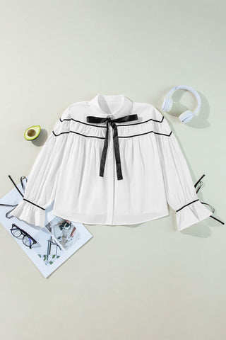 Ribbon Bowtie Collared Neck Flounce Sleeve Shirt